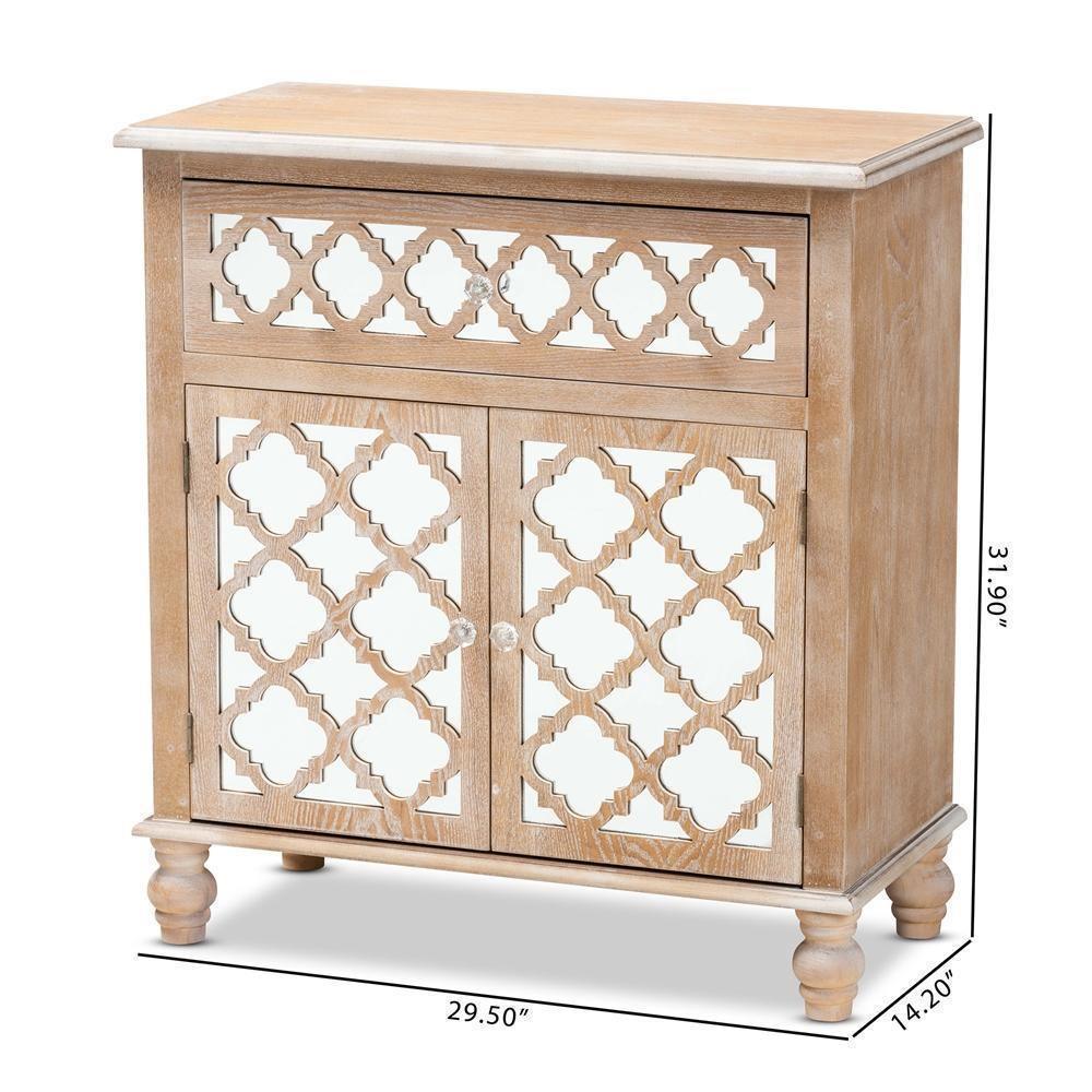 Leah Glam Farmhouse Rustic Oak Brown Finished Wood and Mirrored 1-Drawer Quatrefoil Storage Cabinet FredCo