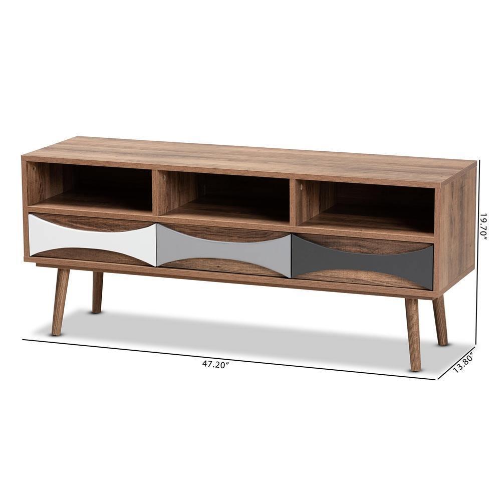 Leane Modern and Contemporary Natural Brown Finished and Multi-Colored Wood 3-Drawer TV Stand FredCo