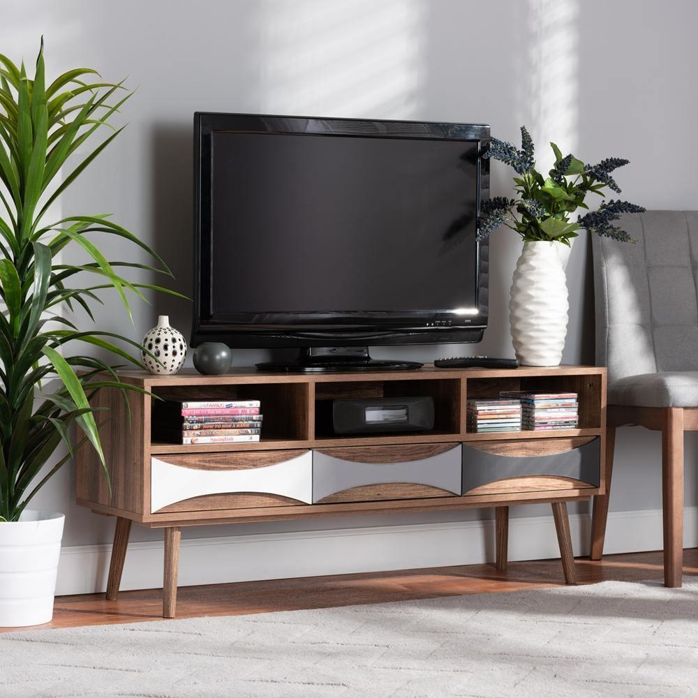 Leane Modern and Contemporary Natural Brown Finished and Multi-Colored Wood 3-Drawer TV Stand FredCo