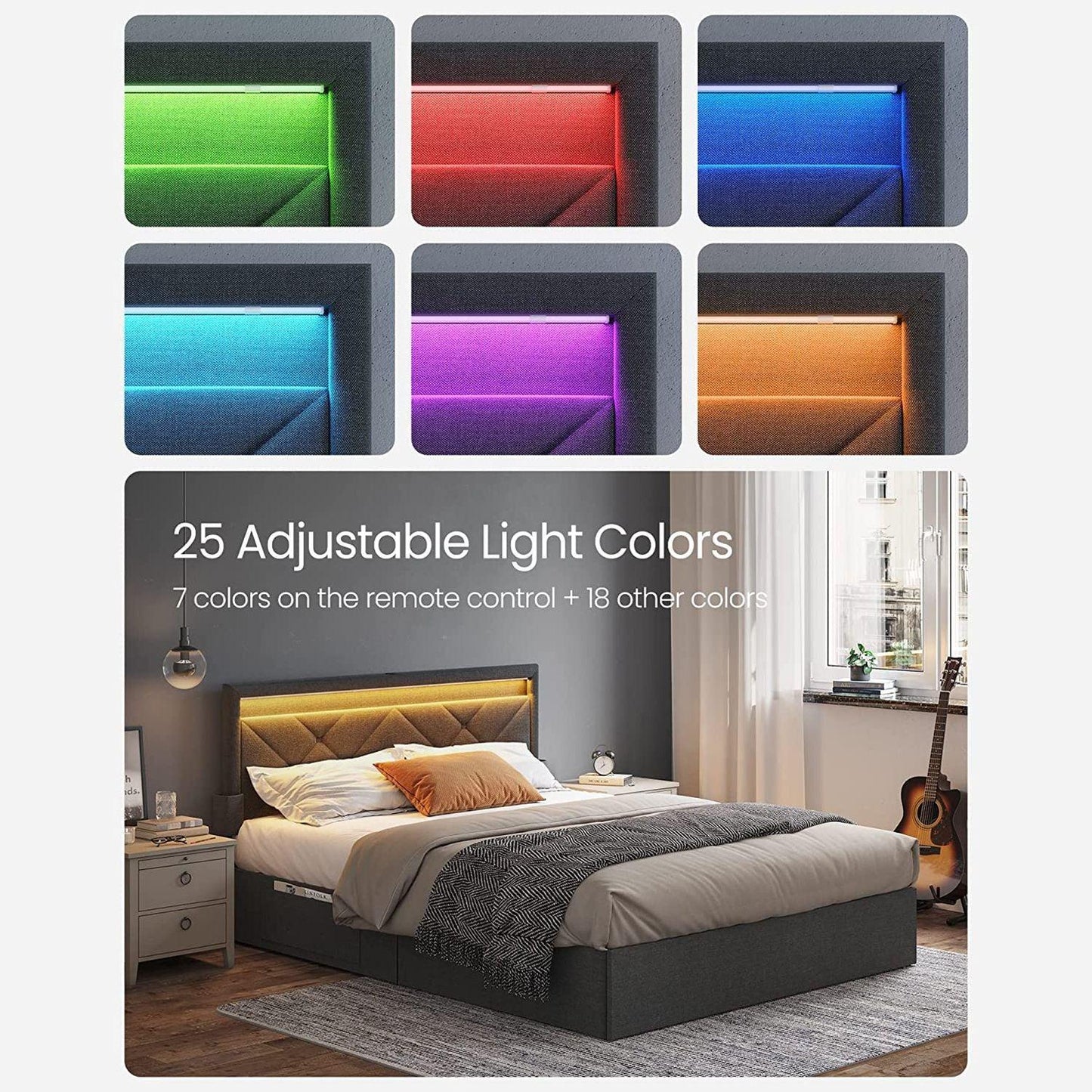 LED Bed Frame Queen Size with Headboard and 4 Drawers, Gray FredCo