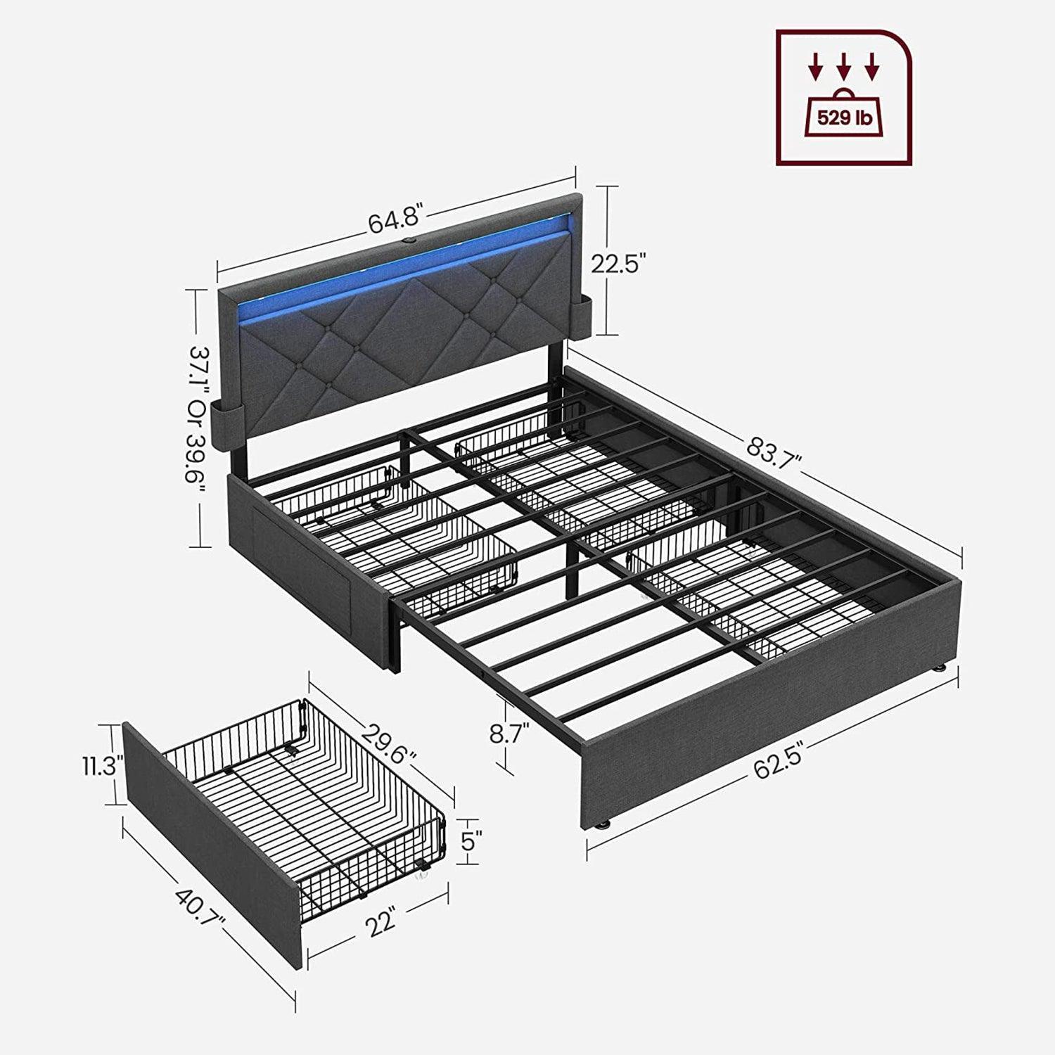 LED Bed Frame Queen Size with Headboard and 4 Drawers, Gray FredCo