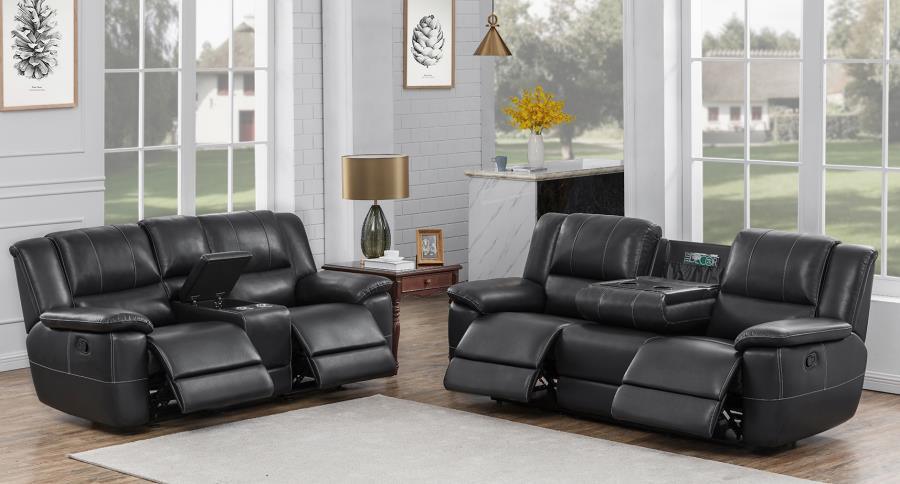 Lee Upholstered Pillow Top Arm Living Room Set Black 601061-S2 Coaster FredCo
