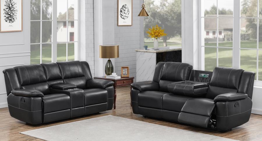 Lee Upholstered Pillow Top Arm Living Room Set Black 601061-S2 Coaster FredCo