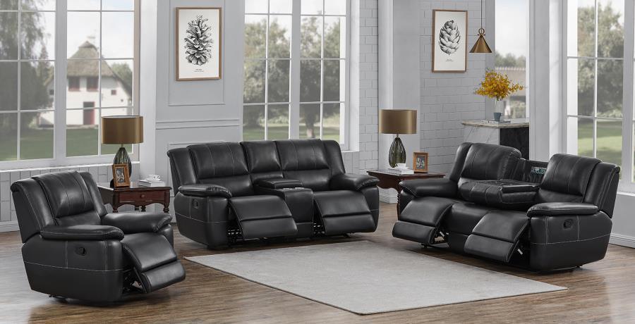 Lee Upholstered Pillow Top Arm Living Room Set Black 601061-S3 Coaster FredCo