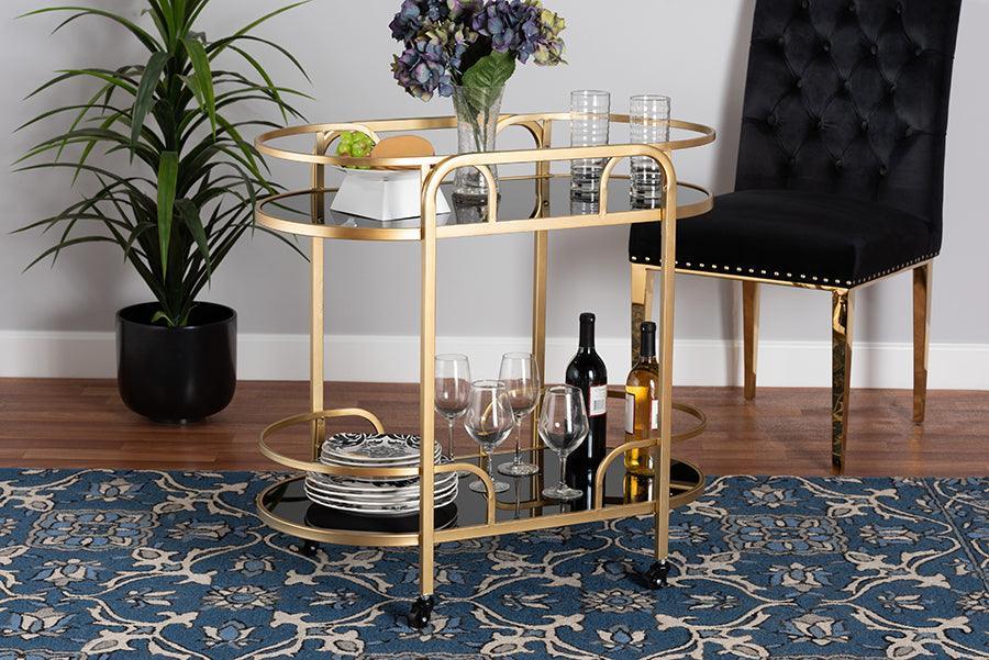 Leighton Contemporary Glam and Luxe Gold Metal and Tempered Glass 2-Tier Wine Cart FredCo