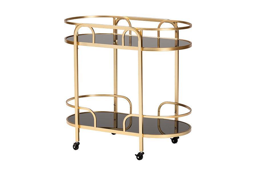 Leighton Contemporary Glam and Luxe Gold Metal and Tempered Glass 2-Tier Wine Cart FredCo
