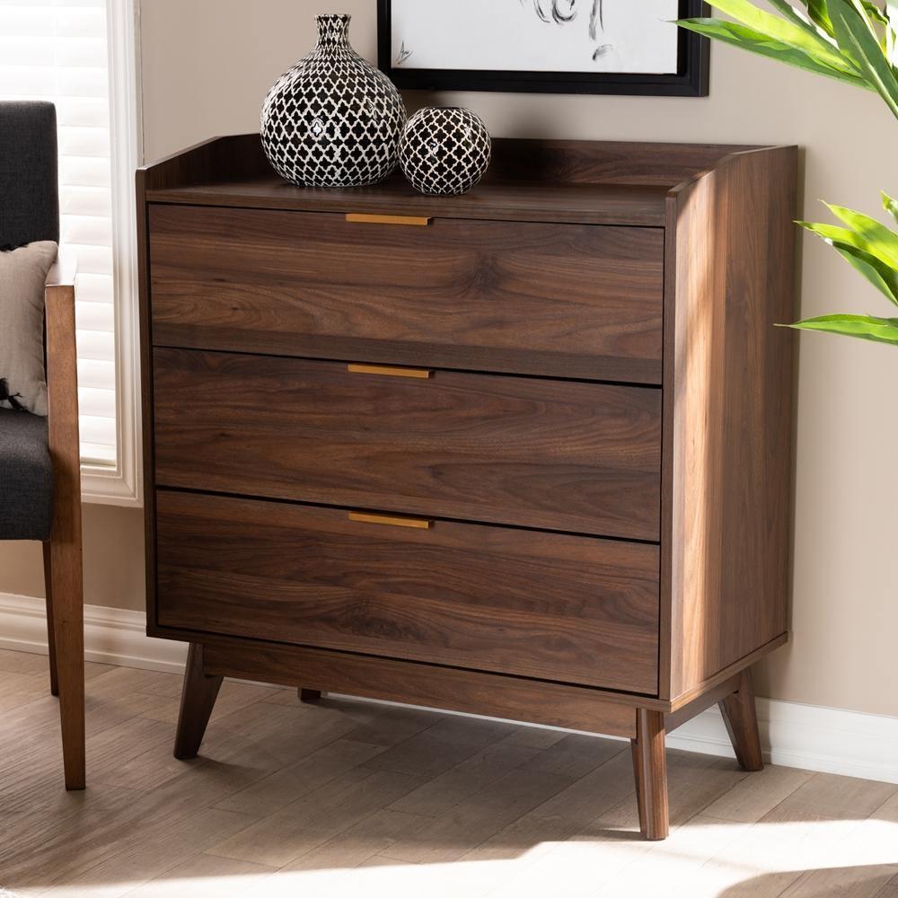 Lena Mid-Century Modern Walnut Brown Finished 3-Drawer Wood Chest FredCo