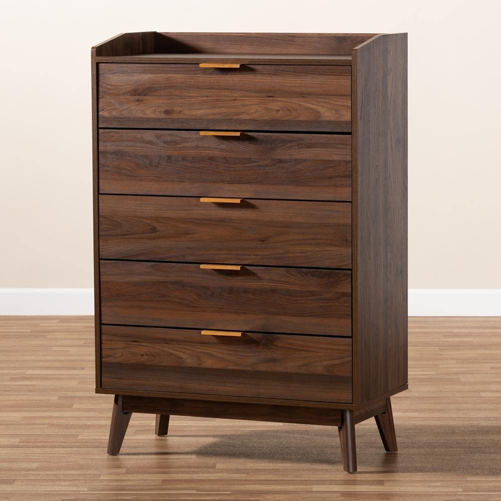 Lena Mid-Century Modern Walnut Brown Finished 5-Drawer Wood Chest FredCo
