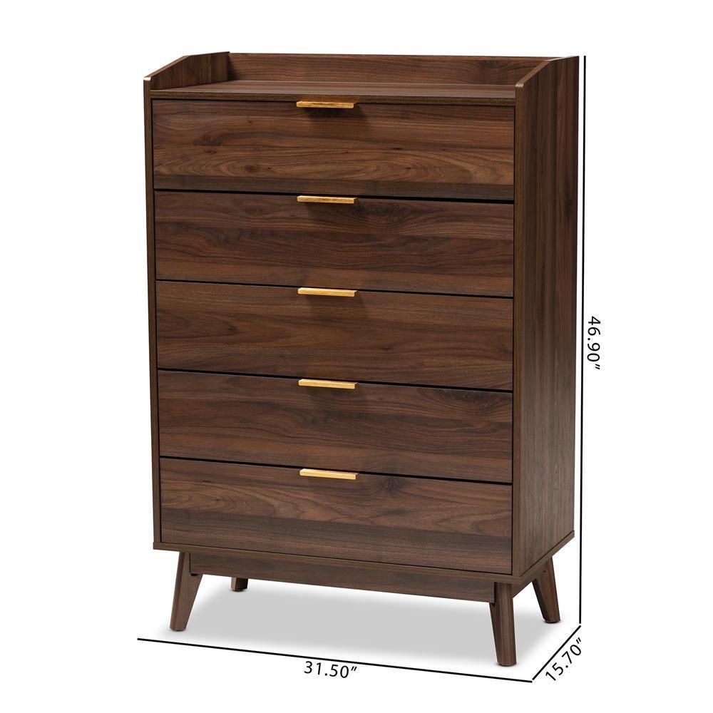 Lena Mid-Century Modern Walnut Brown Finished 5-Drawer Wood Chest FredCo