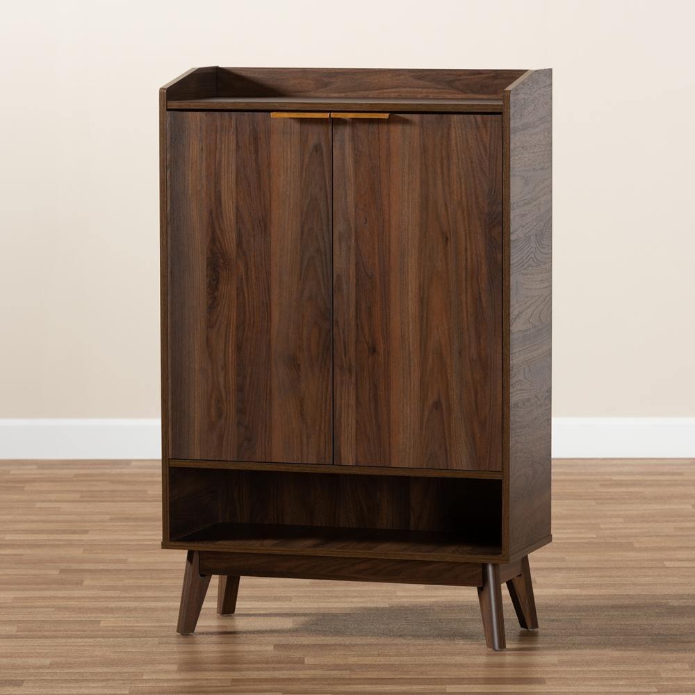 Lena Mid-Century Modern Walnut Brown Finished 5-Shelf Wood Entryway Shoe Cabinet FredCo