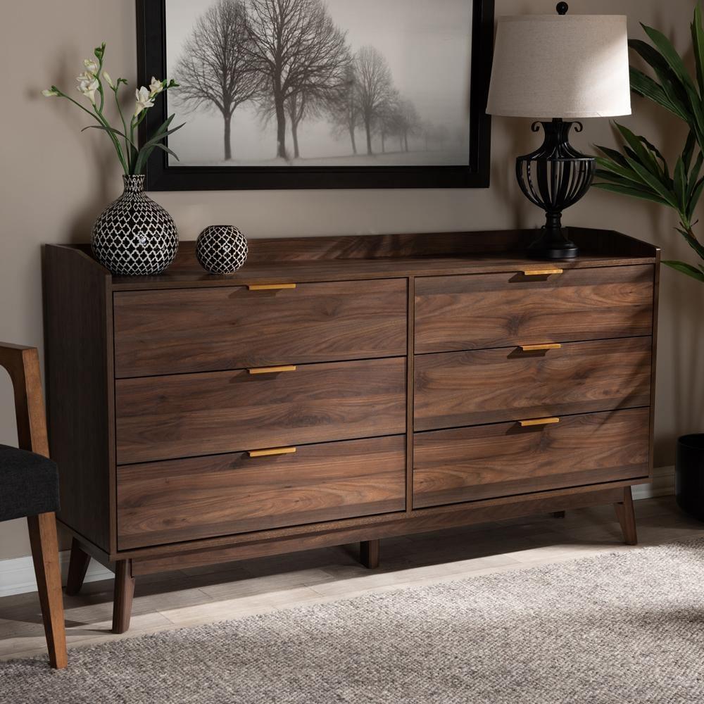 Lena Mid-Century Modern Walnut Brown Finished 6-Drawer Wood Dresser FredCo