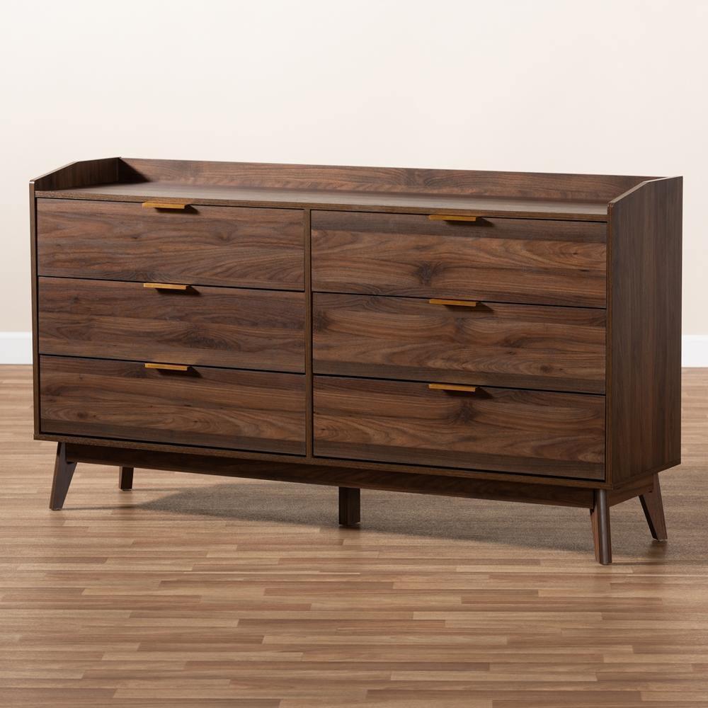 Lena Mid-Century Modern Walnut Brown Finished 6-Drawer Wood Dresser FredCo