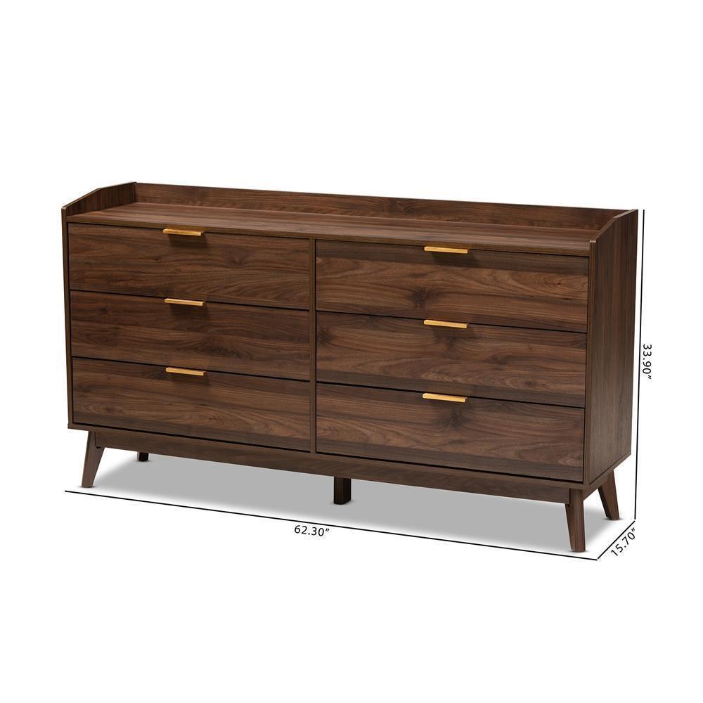 Lena Mid-Century Modern Walnut Brown Finished 6-Drawer Wood Dresser FredCo