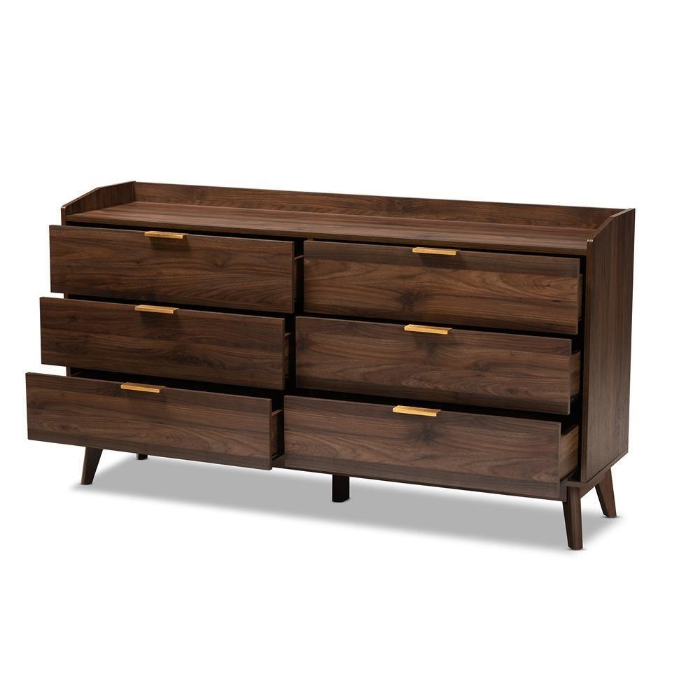 Lena Mid-Century Modern Walnut Brown Finished 6-Drawer Wood Dresser FredCo