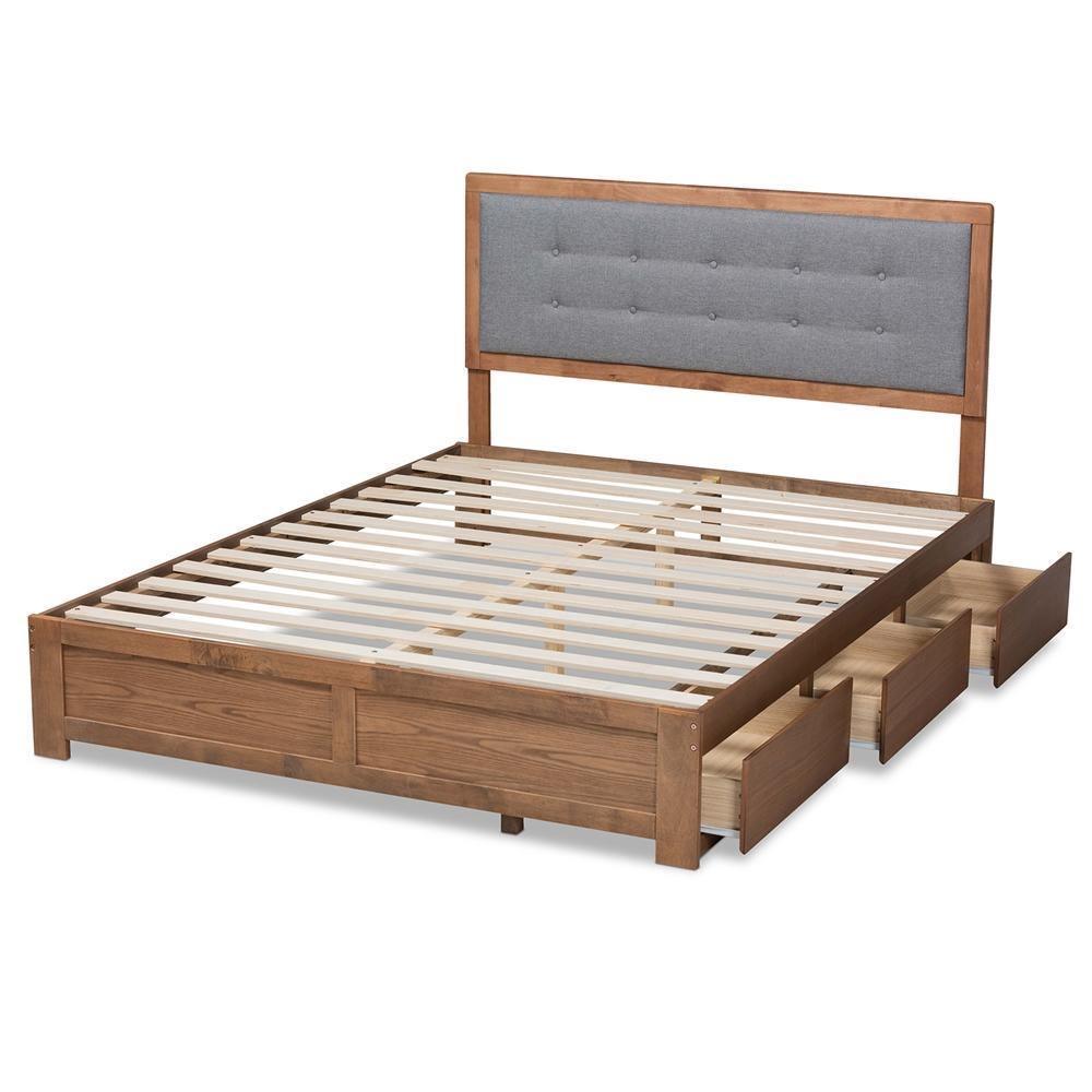 Lene and Contemporary Transitional Grey Fabric Upholstered and Ash Walnut Brown Finished Wood Full Size 3-Drawer Platform Storage Bed FredCo