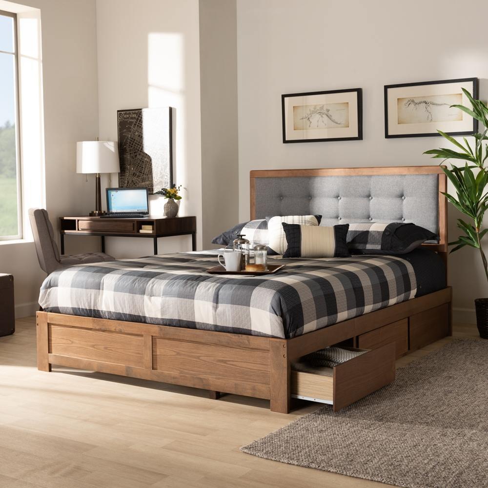 Lene Modern and Contemporary Dark Grey Fabric and Ash Walnut Brown Finished Wood Queen Size 3-Drawer Platform Storage Bed FredCo