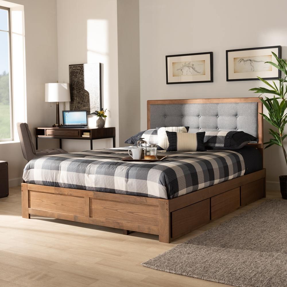 Lene Modern and Contemporary Dark Grey Fabric and Ash Walnut Brown Finished Wood Queen Size 3-Drawer Platform Storage Bed FredCo