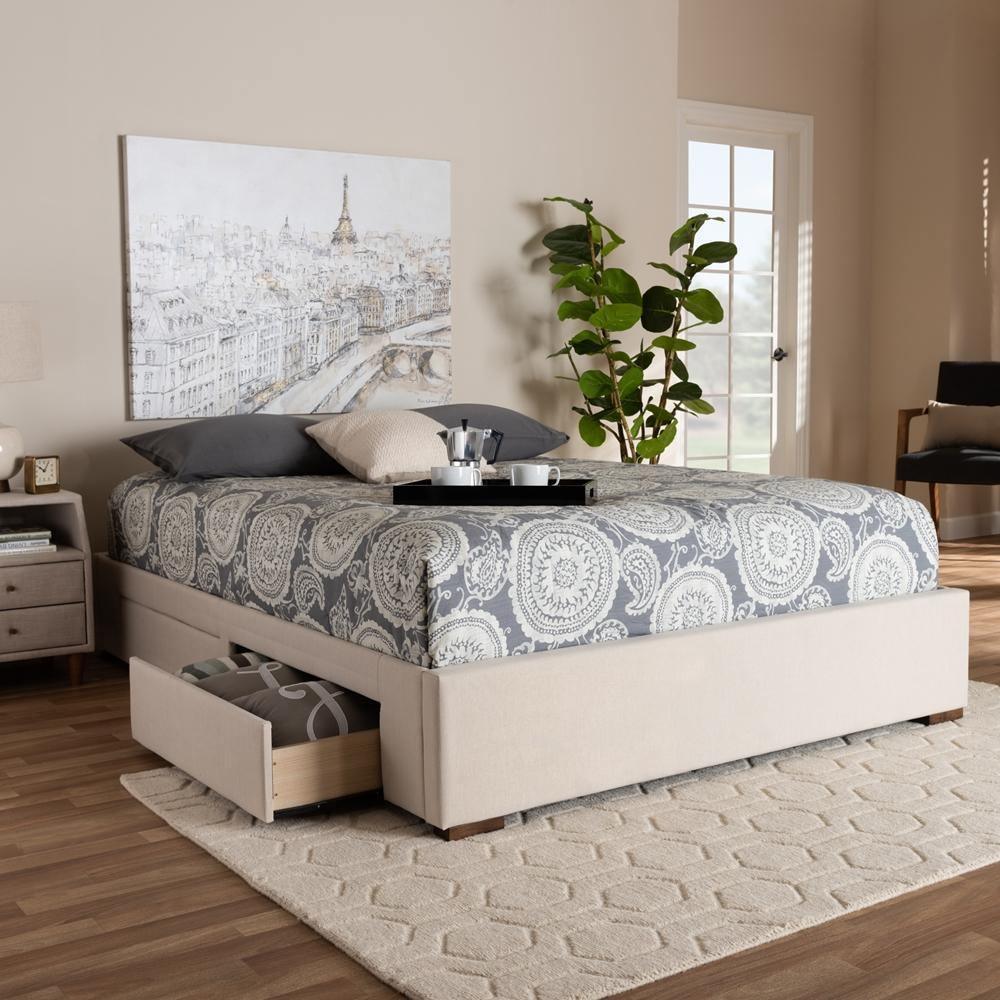 Leni Modern and Contemporary Beige Fabric Upholstered 4-Drawer Queen Size Platform Storage Bed Frame FredCo