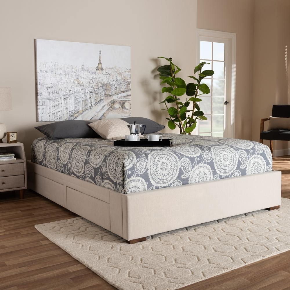 Leni Modern and Contemporary Beige Fabric Upholstered 4-Drawer Queen Size Platform Storage Bed Frame FredCo