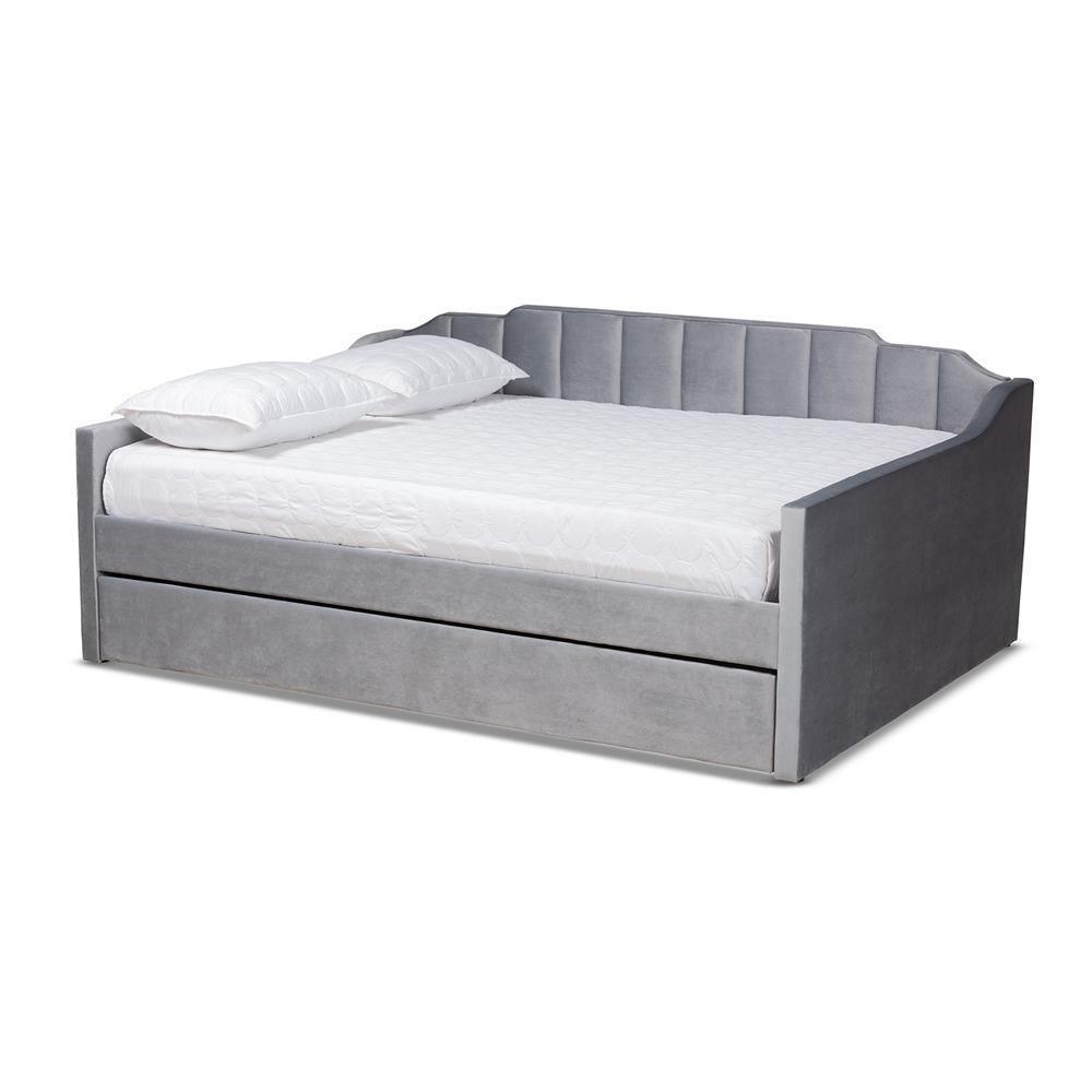 Lennon Modern and Contemporary Grey Velvet Fabric Upholstered Full Size Daybed with Trundle FredCo