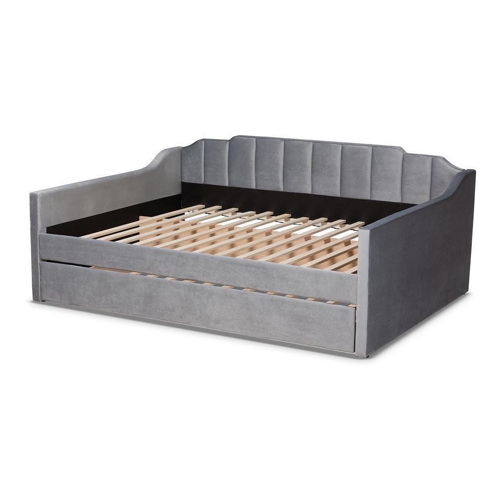 Lennon Modern and Contemporary Grey Velvet Fabric Upholstered Full Size Daybed with Trundle FredCo