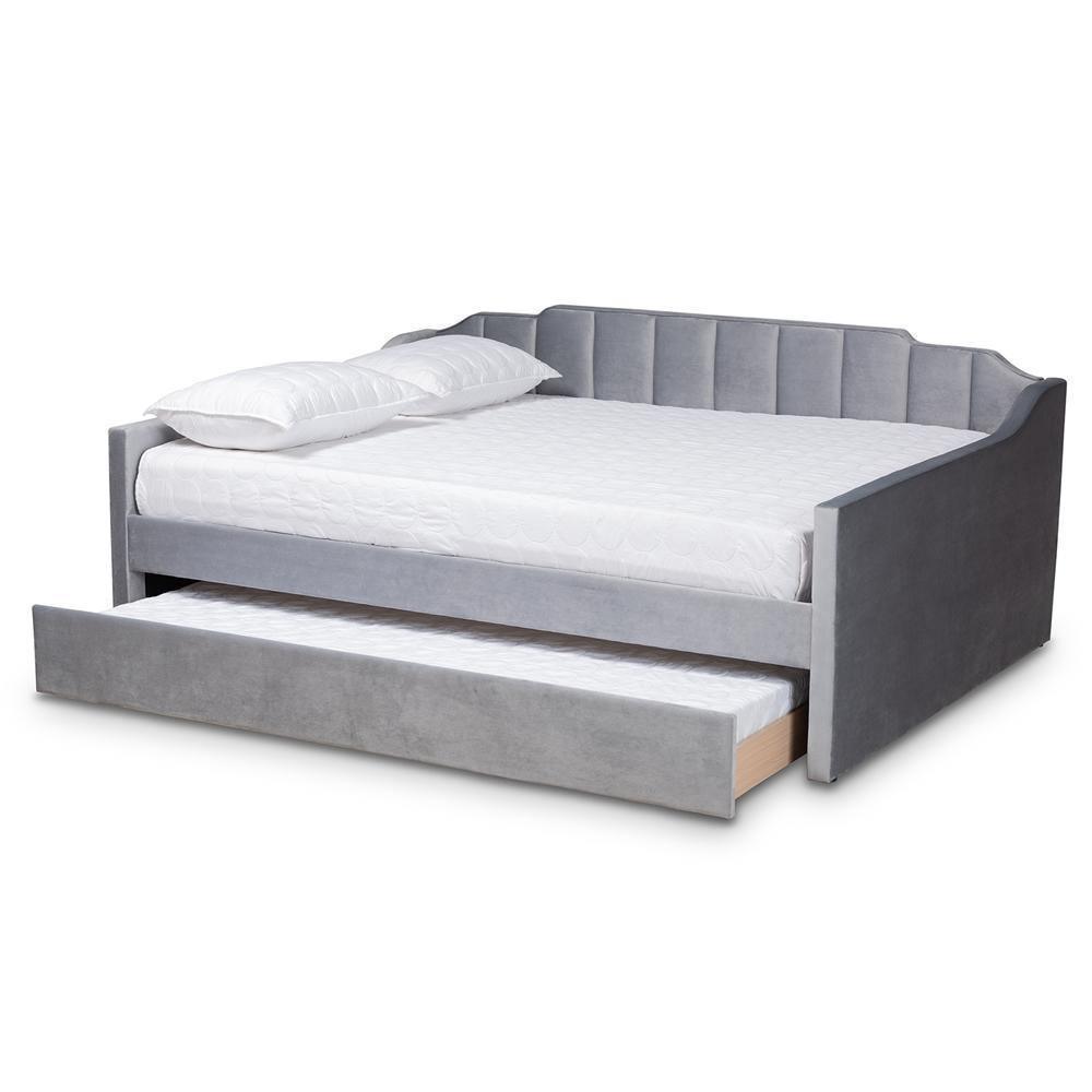 Lennon Modern and Contemporary Grey Velvet Fabric Upholstered Full Size Daybed with Trundle FredCo