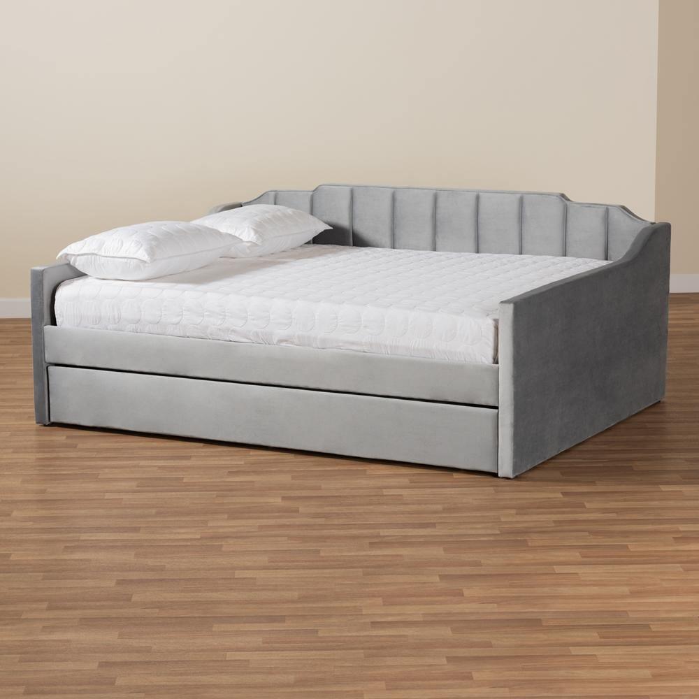 Lennon Modern and Contemporary Grey Velvet Fabric Upholstered Full Size Daybed with Trundle FredCo