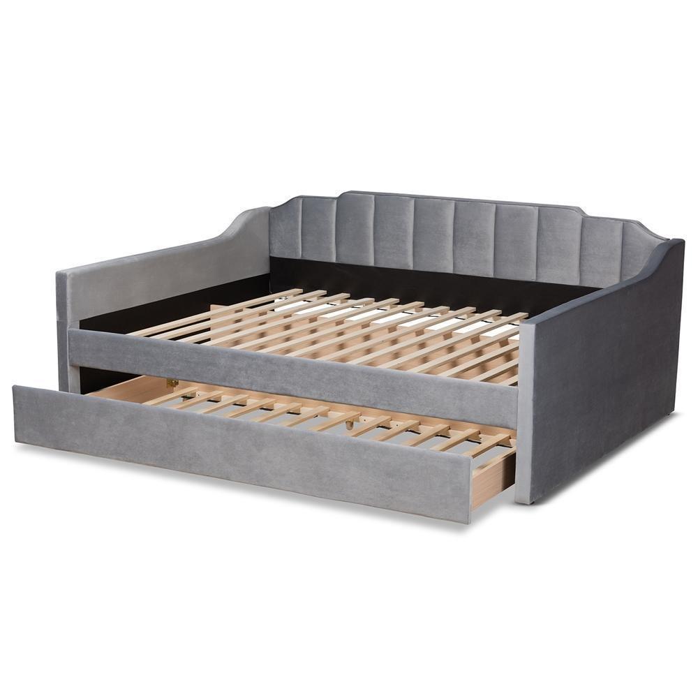Lennon Modern and Contemporary Grey Velvet Fabric Upholstered Queen Size Daybed with Trundle FredCo