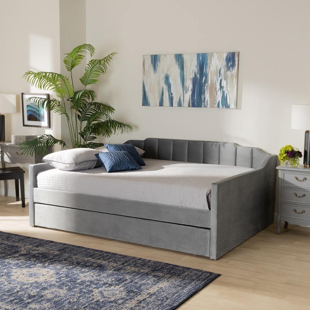 Lennon Modern and Contemporary Grey Velvet Fabric Upholstered Queen Size Daybed with Trundle FredCo