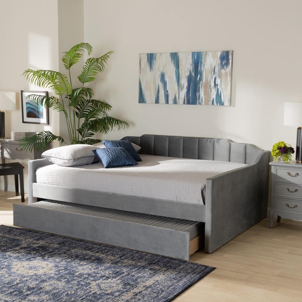 Lennon Modern and Contemporary Grey Velvet Fabric Upholstered Queen Size Daybed with Trundle FredCo