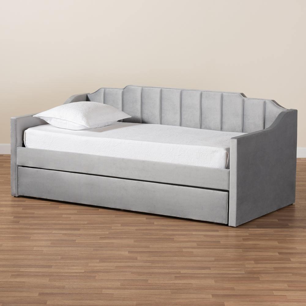 Lennon Modern and Contemporary Grey Velvet Fabric Upholstered Twin Size Daybed with Trundle FredCo