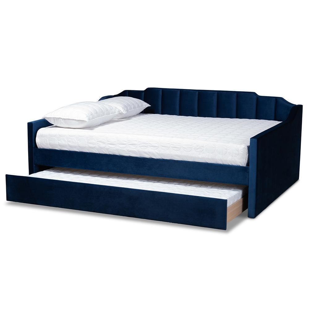 Lennon Modern and Contemporary Navy Blue Velvet Fabric Upholstered Full Size Daybed with Trundle FredCo