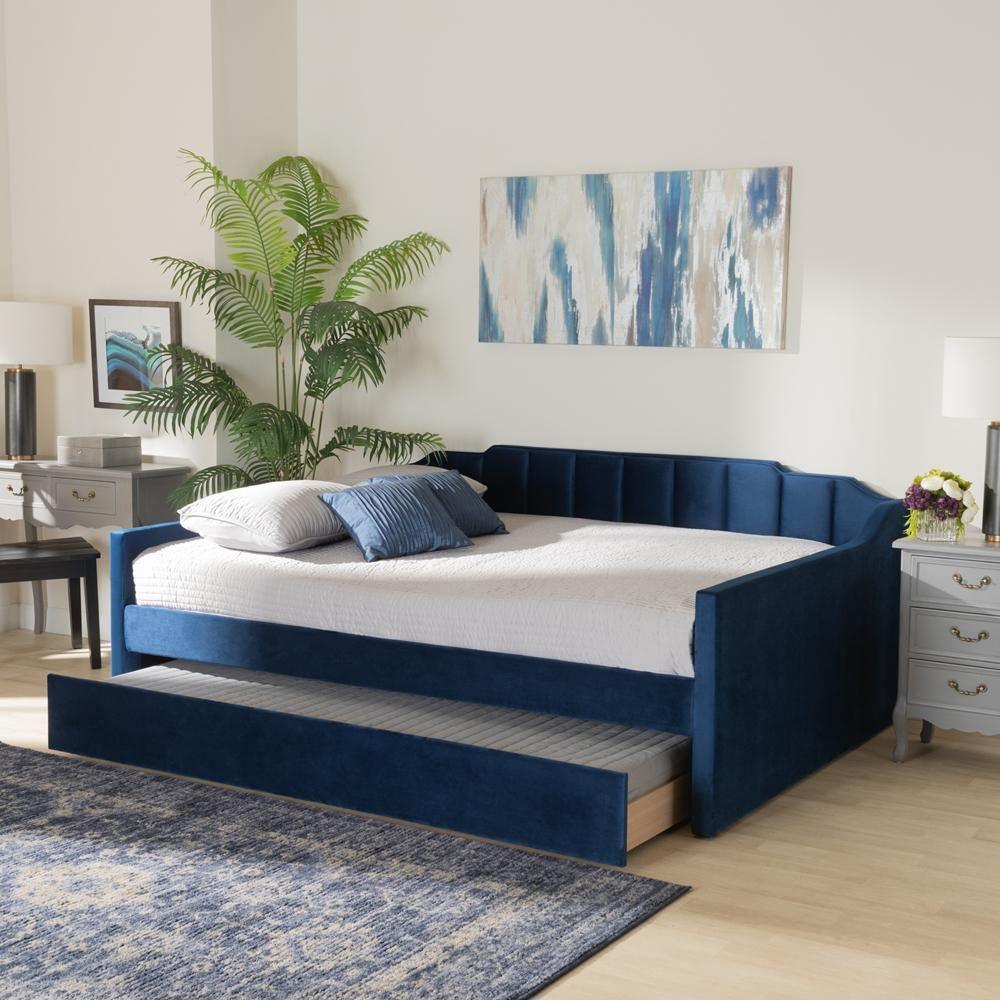 Lennon Modern and Contemporary Navy Blue Velvet Fabric Upholstered Queen Size Daybed with Trundle FredCo