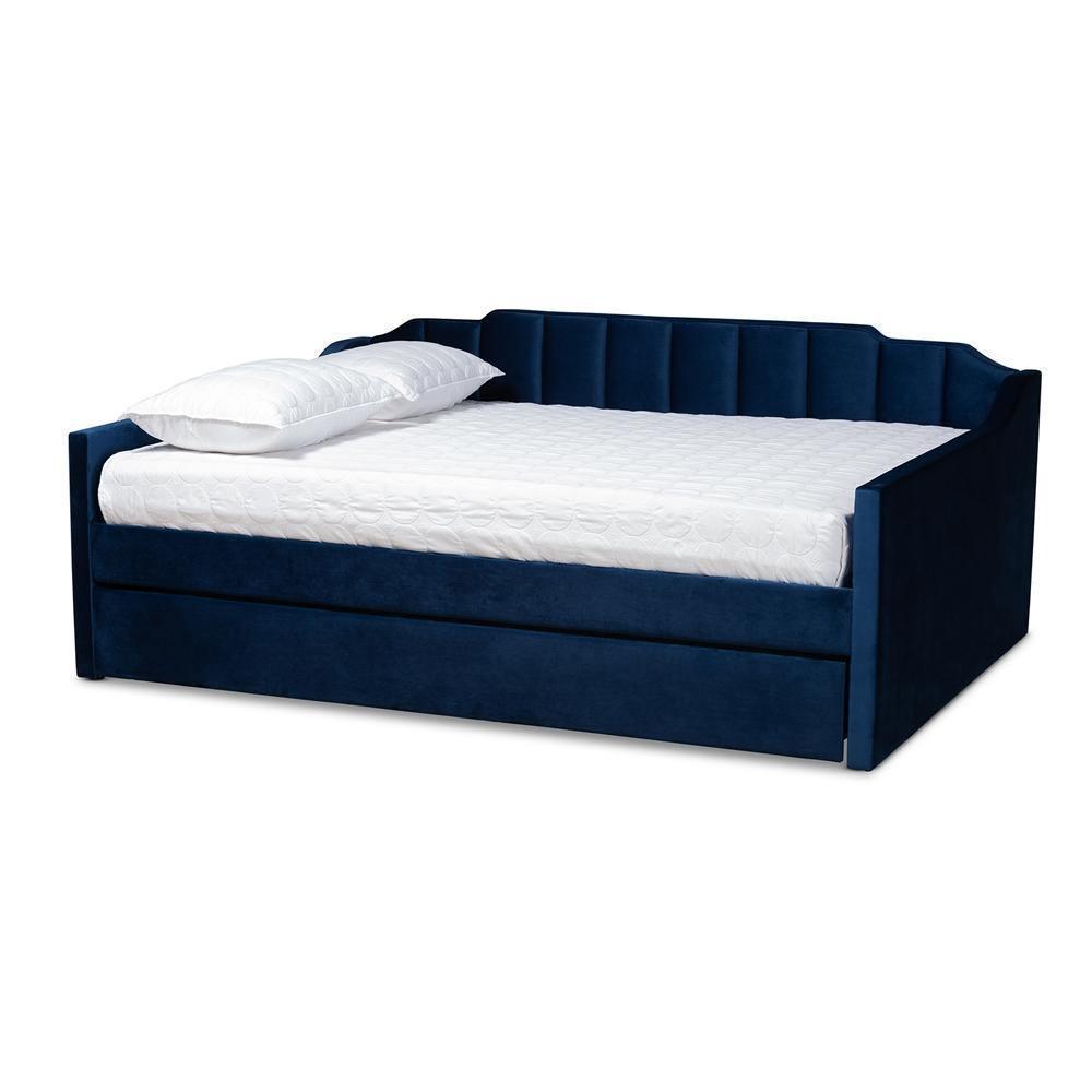 Lennon Modern and Contemporary Navy Blue Velvet Fabric Upholstered Queen Size Daybed with Trundle FredCo