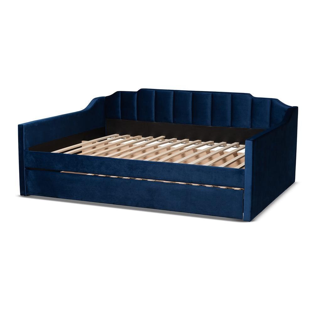 Lennon Modern and Contemporary Navy Blue Velvet Fabric Upholstered Queen Size Daybed with Trundle FredCo
