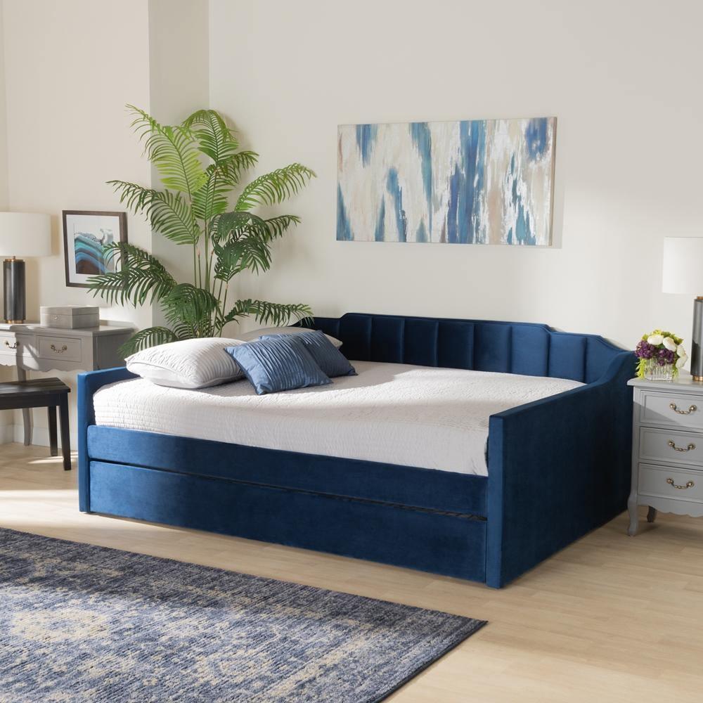Lennon Modern and Contemporary Navy Blue Velvet Fabric Upholstered Queen Size Daybed with Trundle FredCo