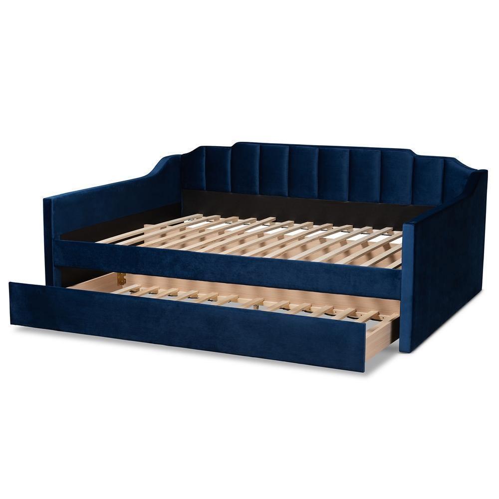 Lennon Modern and Contemporary Navy Blue Velvet Fabric Upholstered Queen Size Daybed with Trundle FredCo