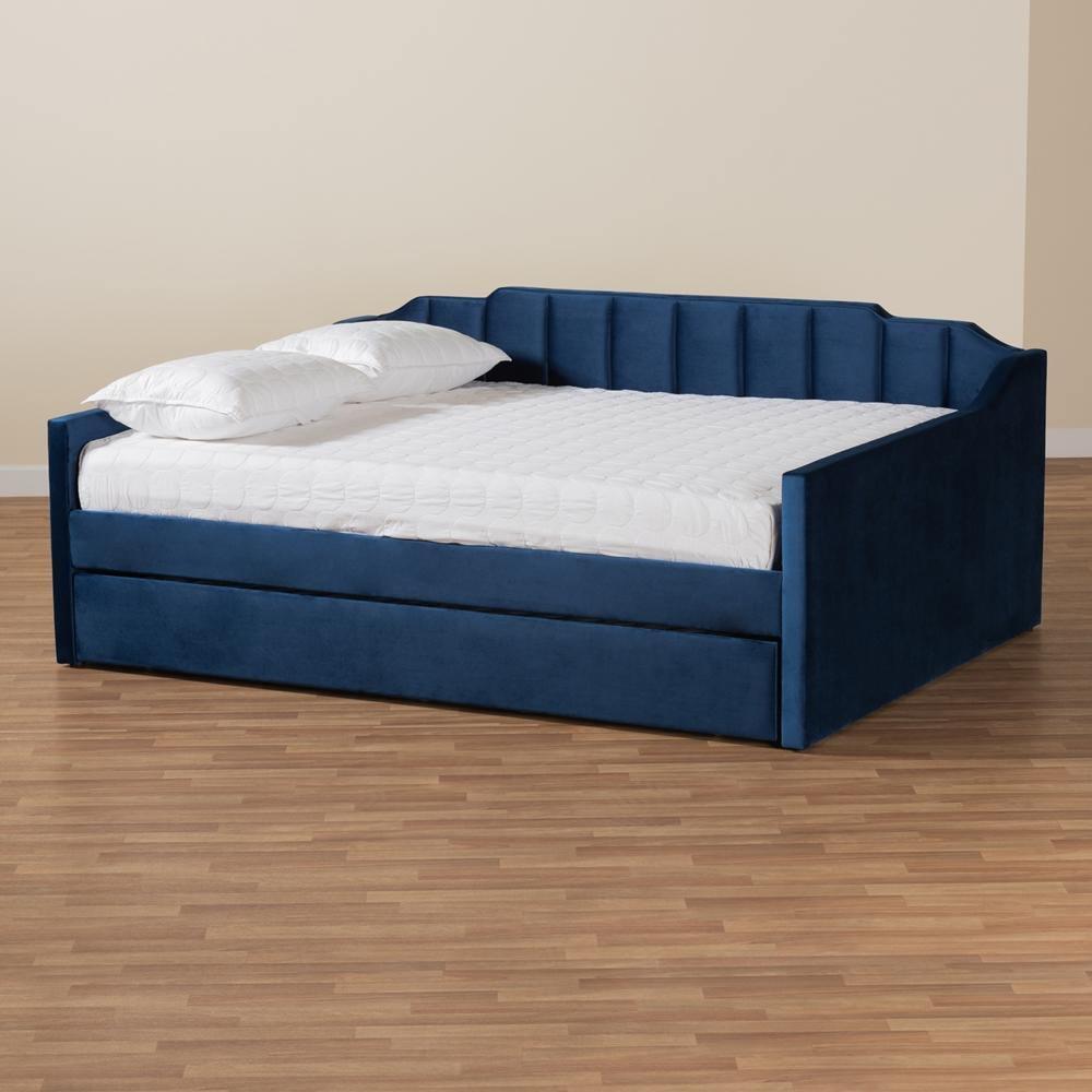 Lennon Modern and Contemporary Navy Blue Velvet Fabric Upholstered Queen Size Daybed with Trundle FredCo