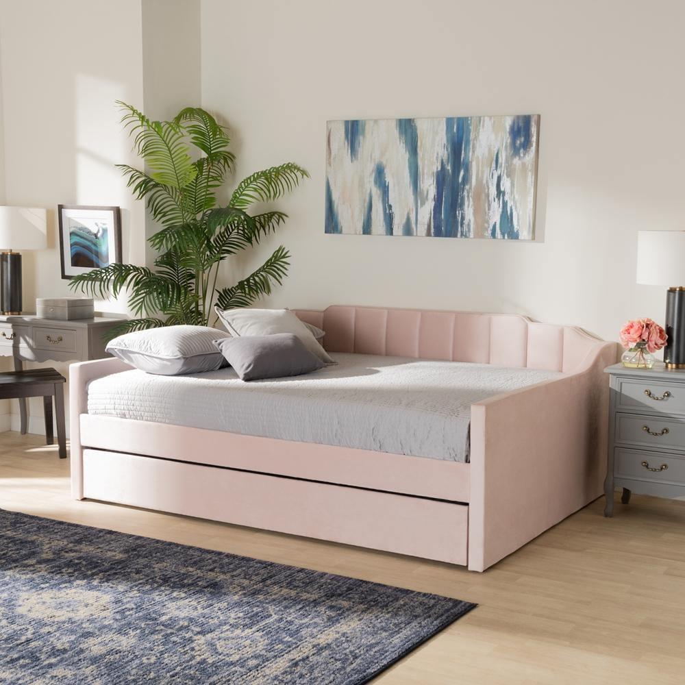 Lennon Modern and Contemporary Pink Velvet Fabric Upholstered Queen Size Daybed with Trundle FredCo