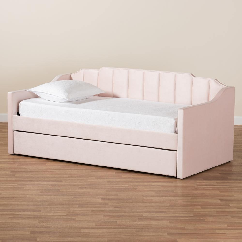 Lennon Modern and Contemporary Pink Velvet Fabric Upholstered Twin Size Daybed with Trundle FredCo