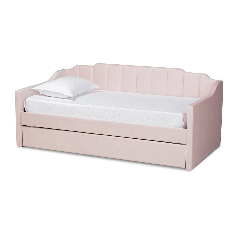 Lennon Modern and Contemporary Pink Velvet Fabric Upholstered Twin Size Daybed with Trundle FredCo