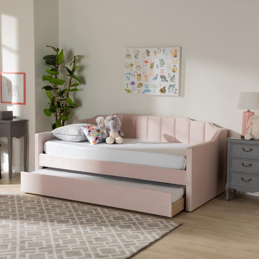 Lennon Modern and Contemporary Pink Velvet Fabric Upholstered Twin Size Daybed with Trundle FredCo
