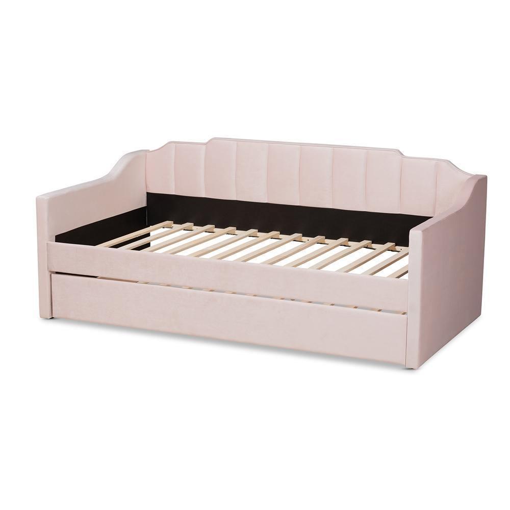Lennon Modern and Contemporary Pink Velvet Fabric Upholstered Twin Size Daybed with Trundle FredCo