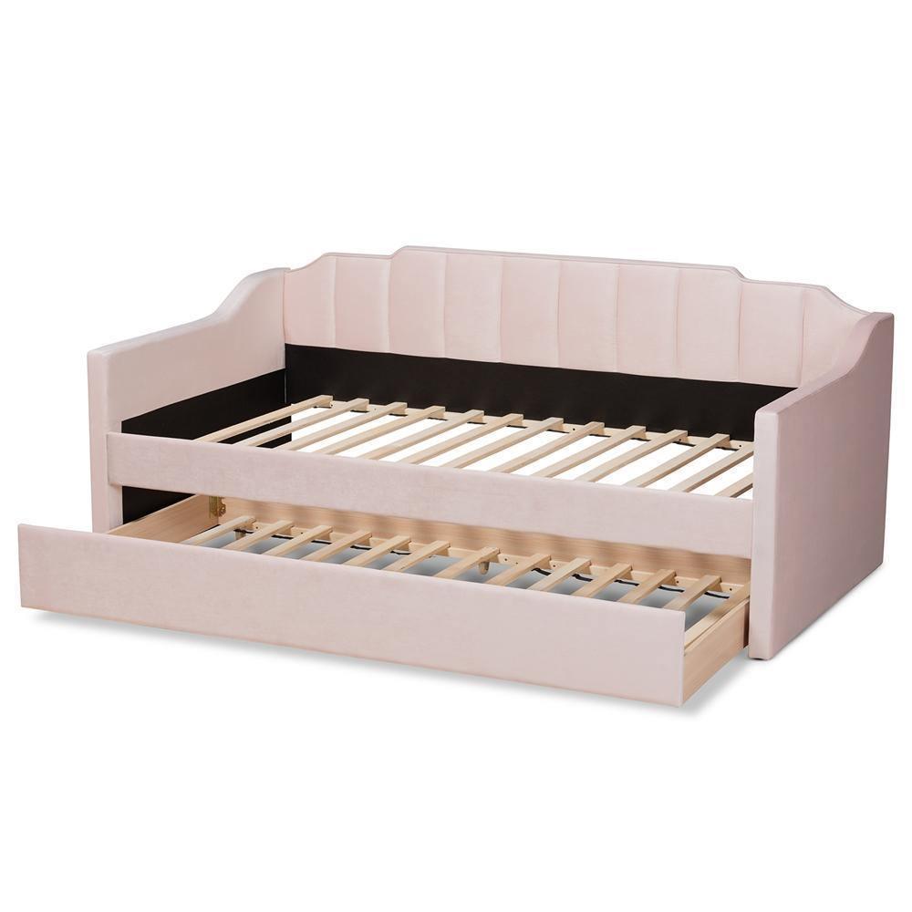 Lennon Modern and Contemporary Pink Velvet Fabric Upholstered Twin Size Daybed with Trundle FredCo