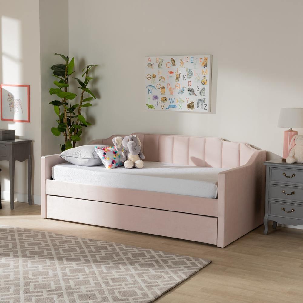Lennon Modern and Contemporary Pink Velvet Fabric Upholstered Twin Size Daybed with Trundle FredCo