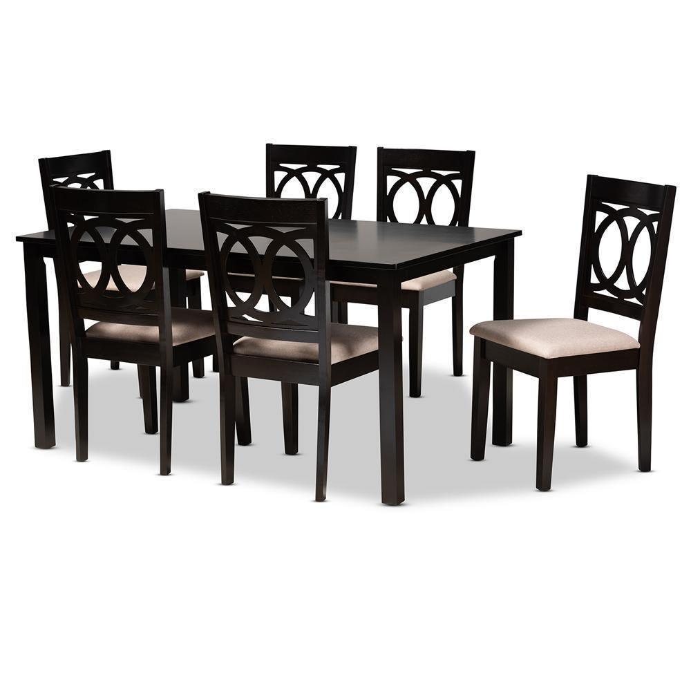 Lenoir Modern and Contemporary Sand Fabric Upholstered Espresso Brown Finished Wood 7-Piece Dining Set FredCo