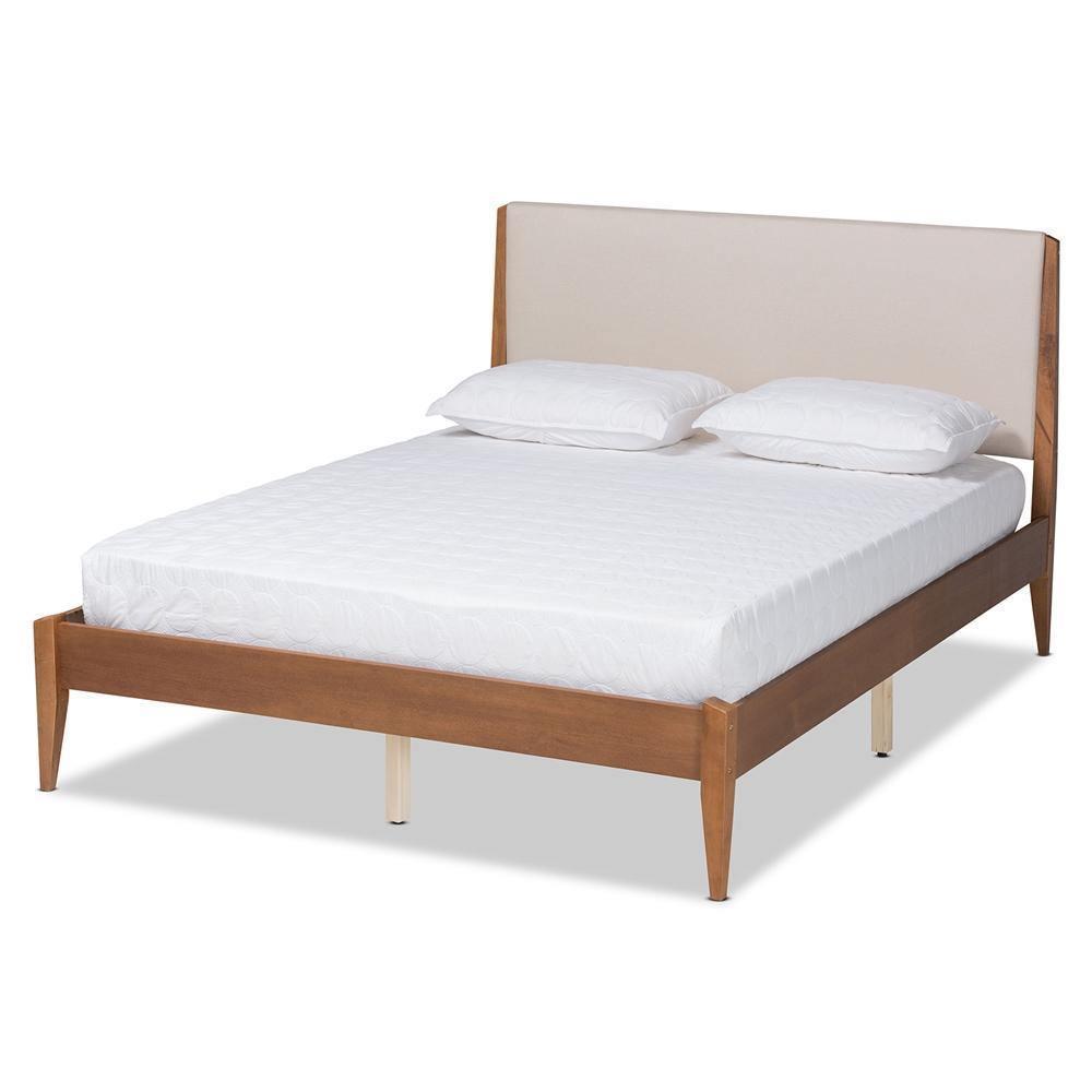 Lenora Mid-Century Modern Beige Fabric Upholstered and Walnut Brown Finished Wood Full Size Platform Bed FredCo
