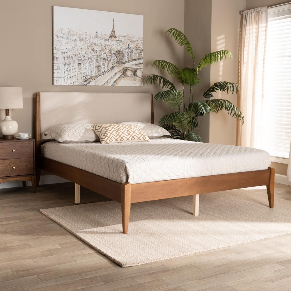 Lenora Mid-Century Modern Beige Fabric Upholstered and Walnut Brown Finished Wood Full Size Platform Bed FredCo