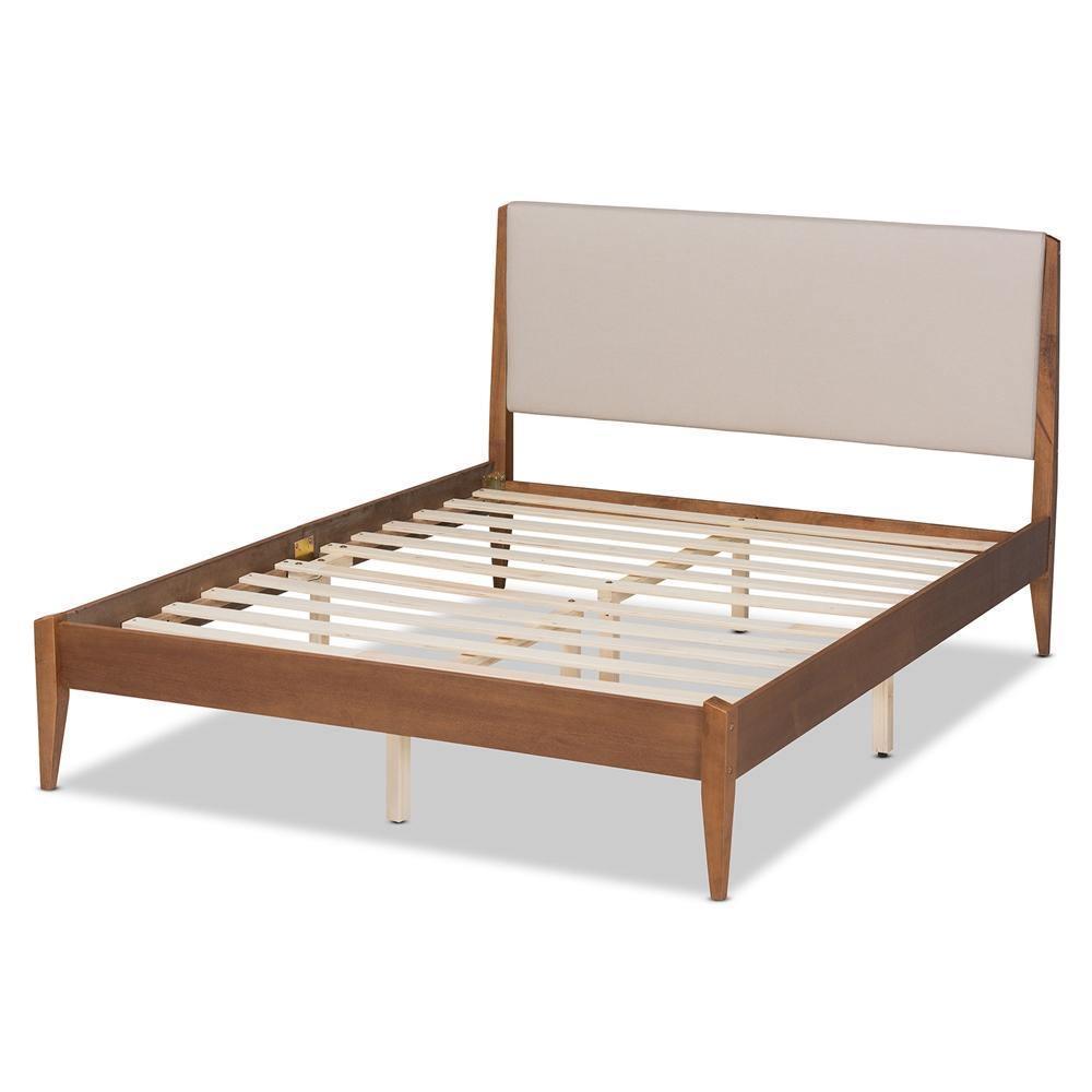 Lenora Mid-Century Modern Beige Fabric Upholstered and Walnut Brown Finished Wood Full Size Platform Bed FredCo