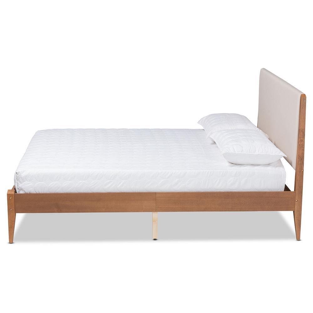 Lenora Mid-Century Modern Beige Fabric Upholstered and Walnut Brown Finished Wood King Size Platform Bed FredCo